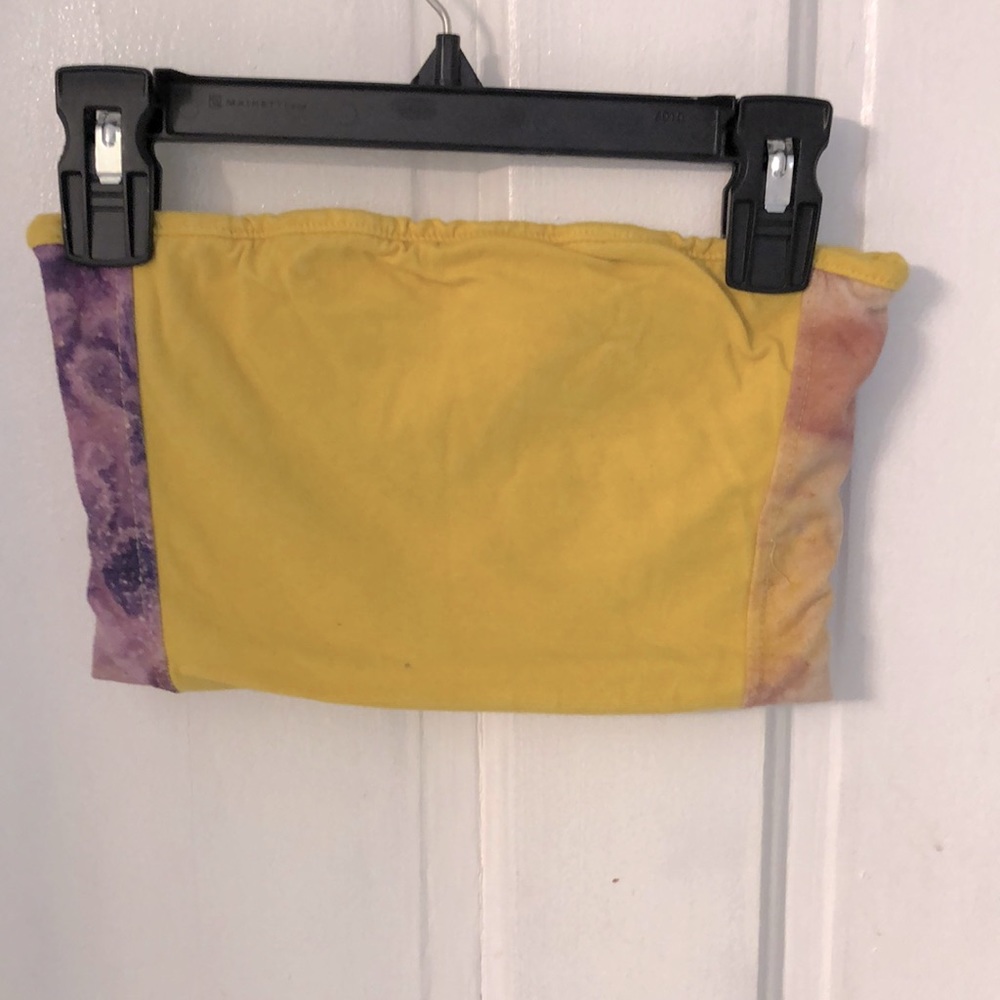 Yellow bandeau with purple tie dye side panels.